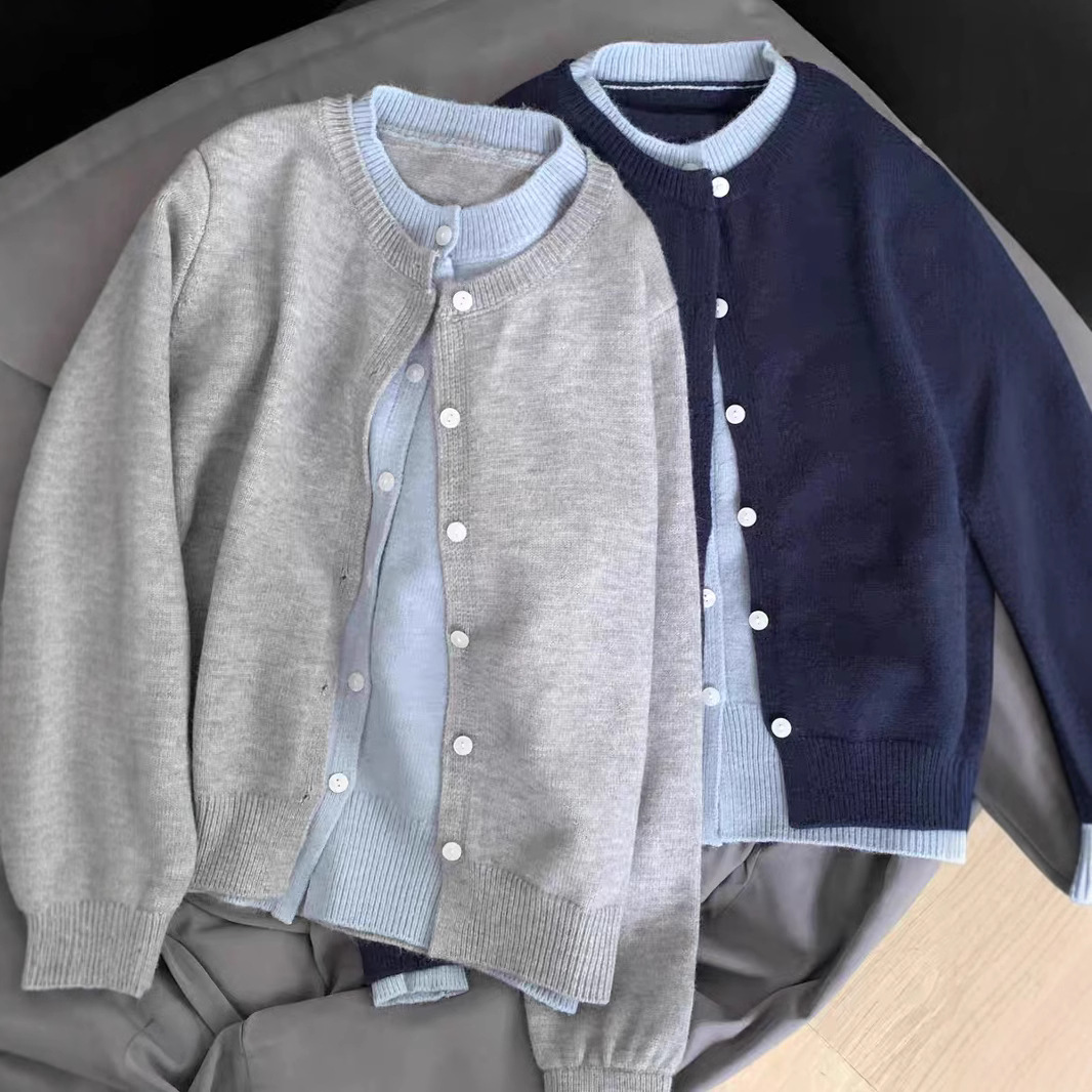 Korean-style Soft Waxy Stitching Contrast Color Fake Two-piece Grey Knitted Cardigan Jacket Women's Autumn Casual Outer Sweater Top