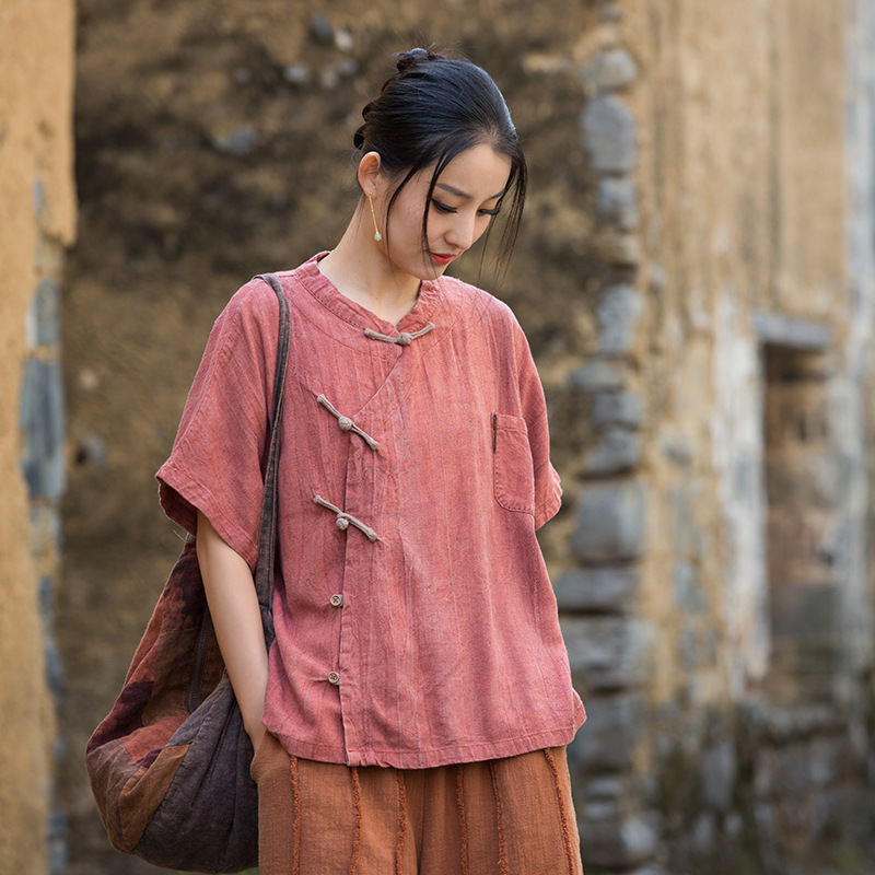 2026 Spring Cotton and Linen Women's Clothing Linen Tie-Dye Hand-Stitched Designer Top with Diagonal Placket and Button New Chinese Style Women's Cardigan