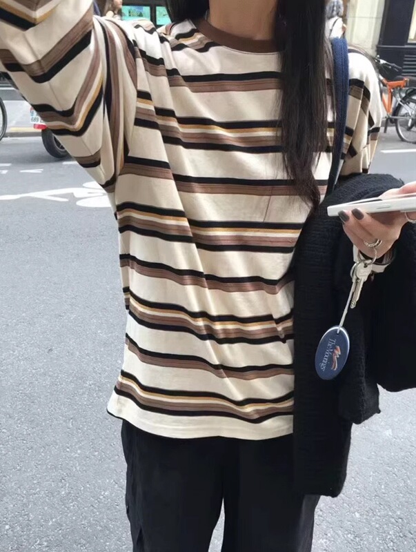 现 韩国东大门th*barethe圆领拼色条纹长袖T恤韩系女装休闲上衣|undefined