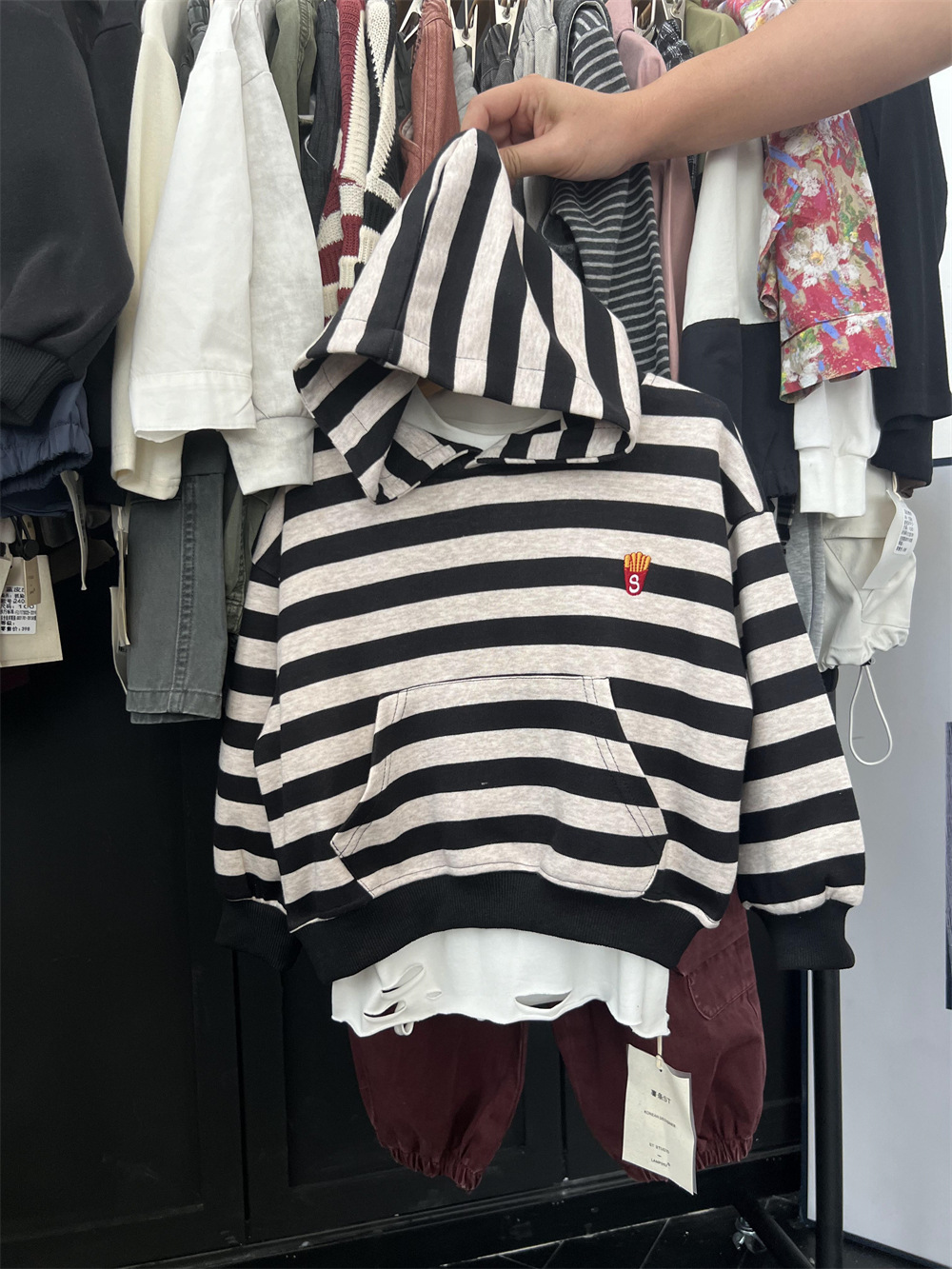 Felpa con cappuccio a righe con patatine fritte americane per bambini, per ragazzi e ragazze, stile autunnale, felpa con cappuccio a maniche lunghe_voghion.com