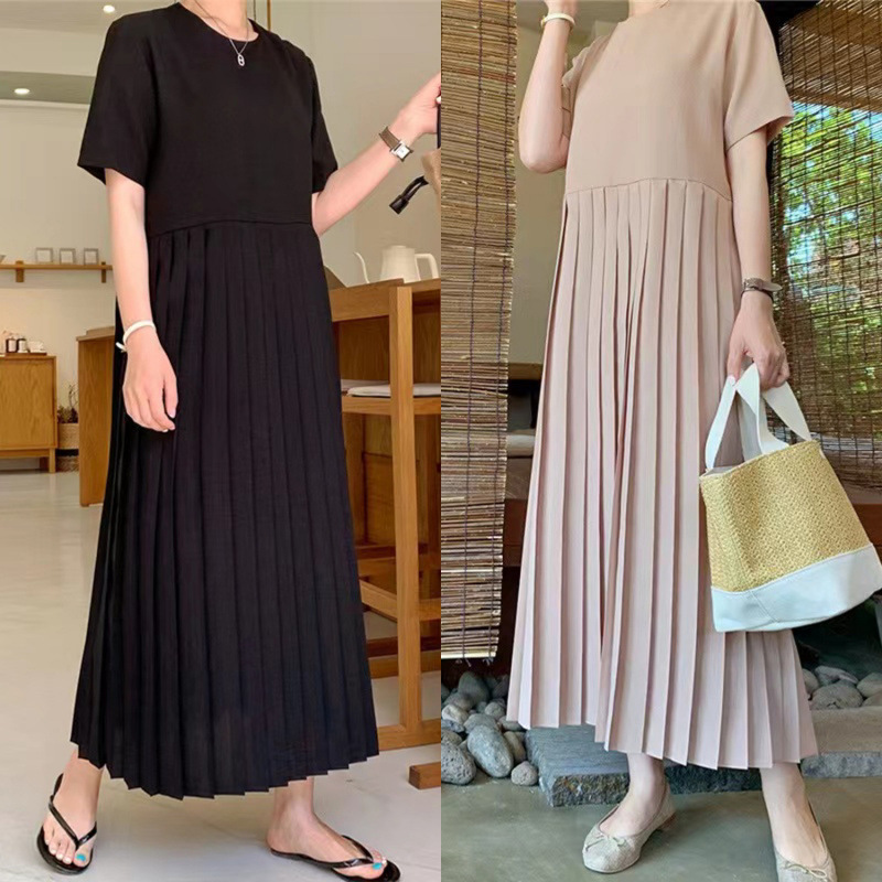 2025 Summer New/Korean Style Loose Slimming Short Sleeve Chiffon Pleated dress Women's Long Elegant Ladies Dress