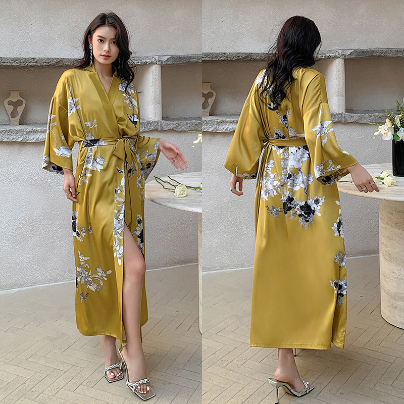 Yaoting nuevo camisón de las mujeres de primavera y verano de hielo fino Satén de seda elegante estilo Nacional de lujo con cordones vestido de la mañana desgaste del hogar 2669