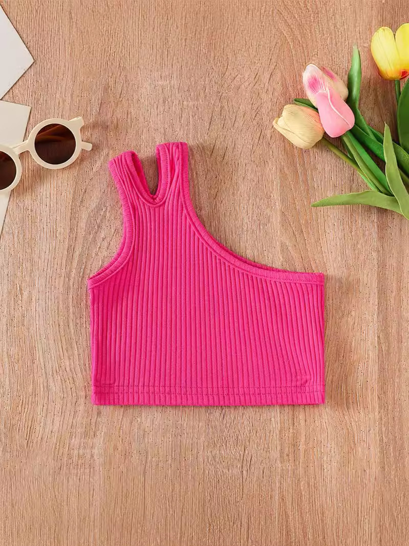 2026 chaleco de verano transfronterizo de ropa infantil de niñas nuevas niñas de comercio exterior hombros inclinados irregulares cinturón de 100 camisas