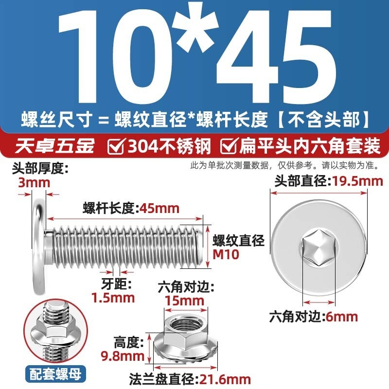 304不锈钢CM大平头超薄头C头扁平头内六角螺丝钉法兰边螺母套装M5|undefined