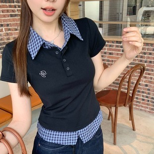 plus size chubby girl Color Contrast Striped Fake Two-piece Short-sleeved Polo Collar Shirt Women's Summer New Slim-fit Short Top Trendy