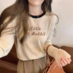 印花长袖t恤女2025春秋季新款百搭设计感内搭撞色打底衫杏色上衣