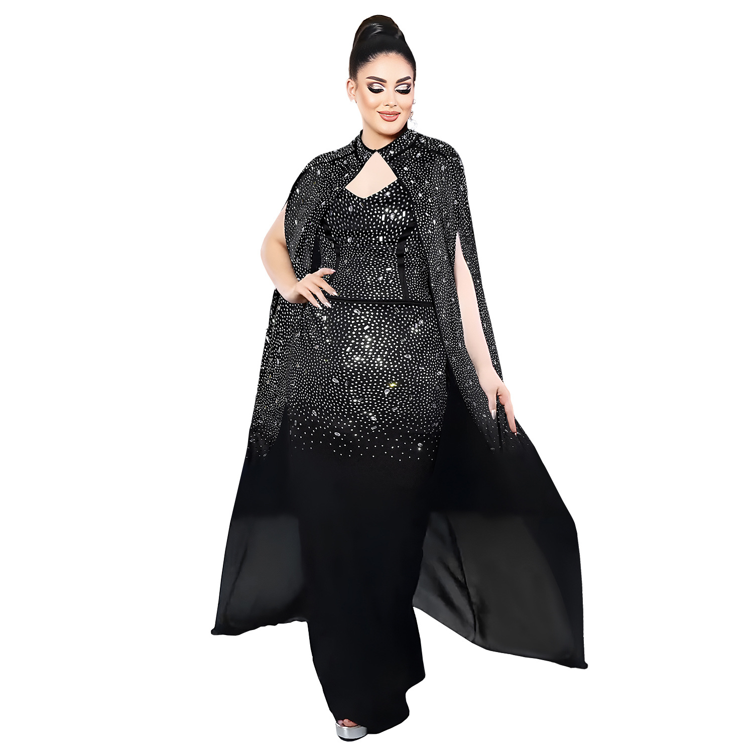 C7292 Transbordador AliExpress Amazon Moda europea y americana Vestido de chal transparente de cadera con bolso de diamantes calientes sexy para mujer image 7