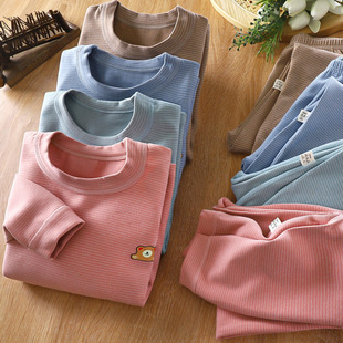 Children's boneless velvet mid-high collar new autumn clothes long pants suit men's and women's baby striped thickened thermal underwear suit