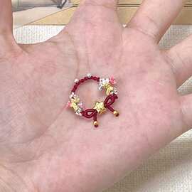 福星！酒红编绳戒指小众设计感显白精致新中式彩色花朵珍珠指环