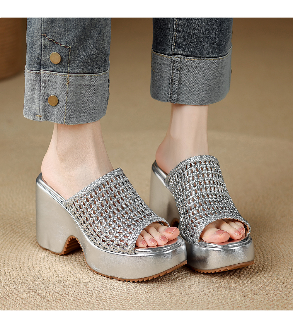 Sandal cao gót nữ hở mũi đế xuồng đan lát phong cách La Mã — màu đen, màu trắng ngà, bạc chi tiết 5