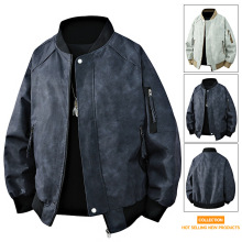 春秋新款 夹克男 棒球服男 花色PU皮飞行服美式宽松潮牌韩版二开