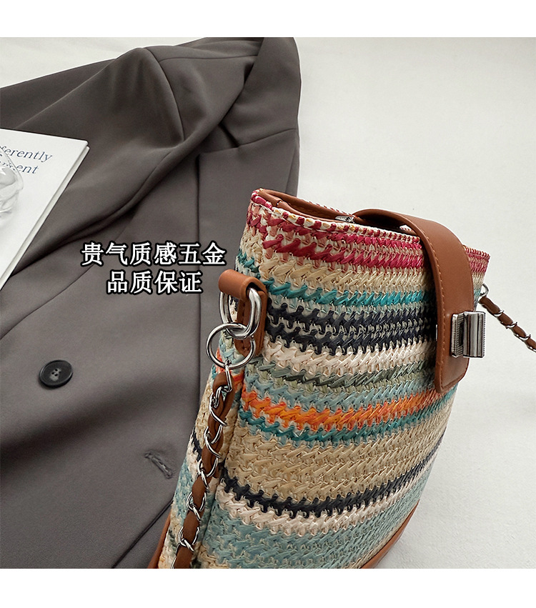 Seaside vacation beach rainbow woven bag for women 2025 Summer New style fashionable, simple, casual and high-quality single-shoulder bucket bag Item Picture
