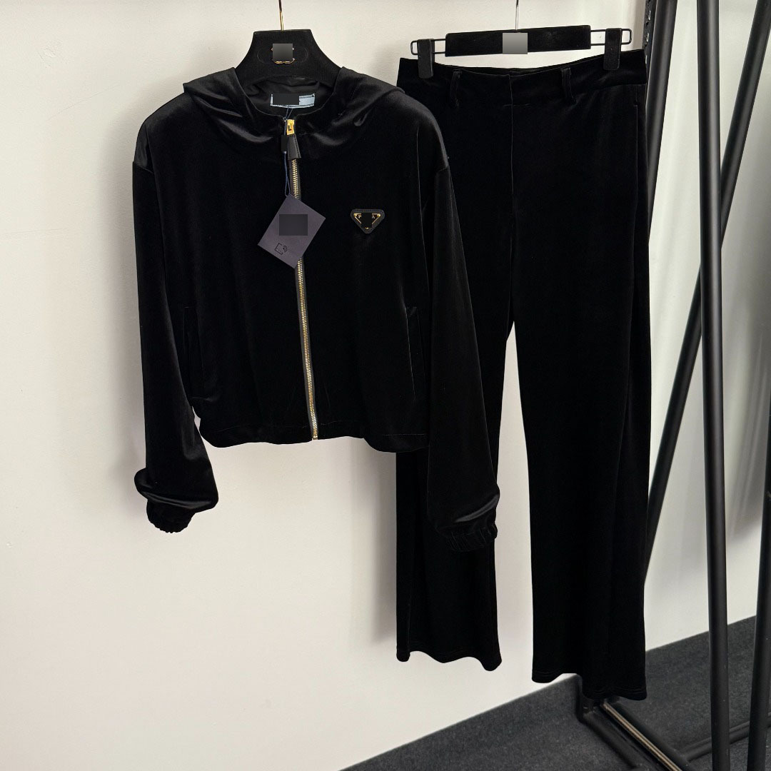 25 Cross-Border New Manufacturers Wholesale Sports and Leisure Suits Logo Velvet Long-Sleeved Hooded Jacket + High-Waisted Pants