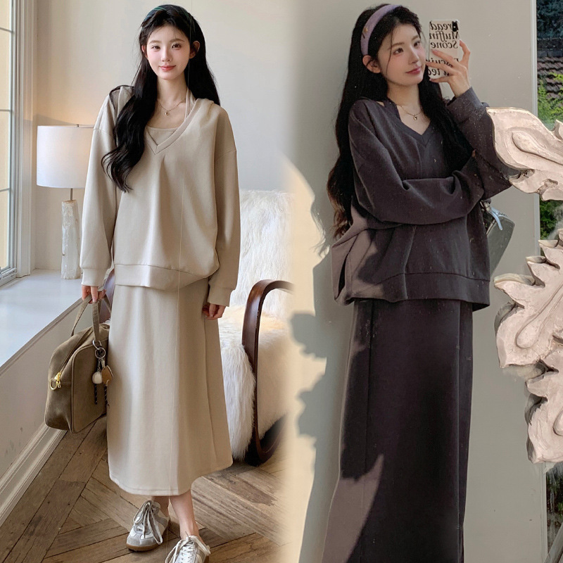 孕妇秋冬新款韩版宽松时尚挂脖背心裙+V领卫衣外套潮妈休闲两件套|undefined