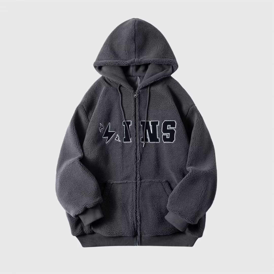 INSstudios parche abrigo de lana de cordero hecho en casa nacional moda de tres colores de gran logotipo bordado con capucha cardigan para hombres y mujeres