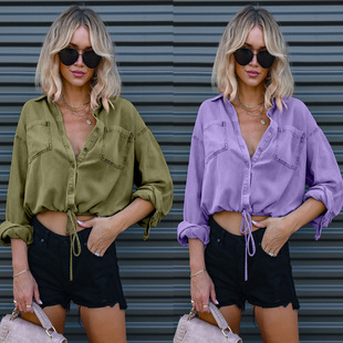 Women's Denim Shirt European and American Cross-Border Autumn and Winter New Fashion Casual Versatile Double Pocket Loose Shirt 630