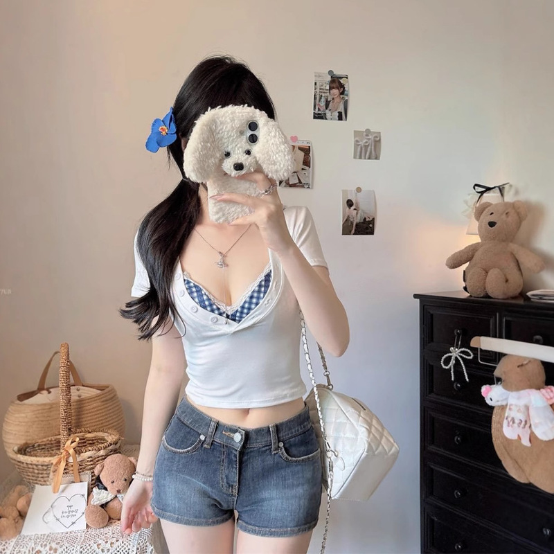 5108 # Summer New Hot Girl Low-Cut V-Neck Short-Sleeved T-Shirt Sexy Two-Piece Set with Breast Straps and Breast Pads, Versatile