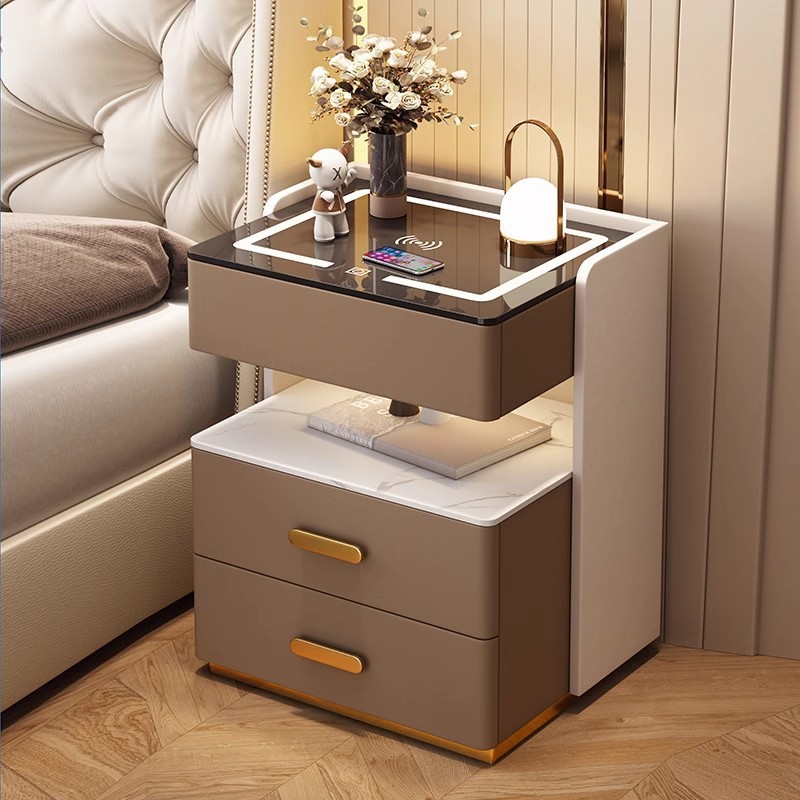 Smart Bedside Table, Simple, Modern and High-End, Three-Drawer Light Luxury Home Bedroom Bedside Storage Solid Wood Storage Cabinet