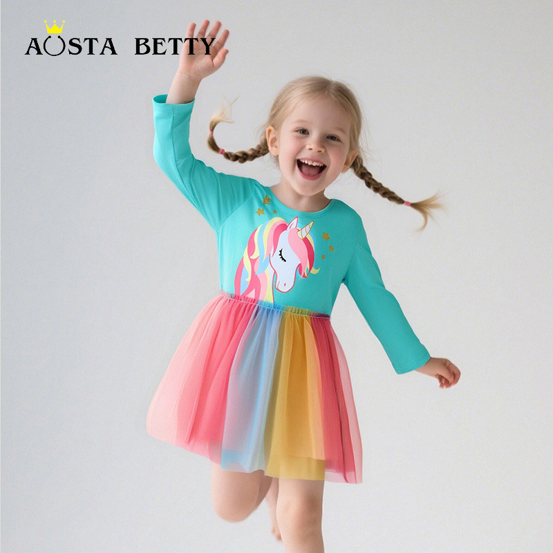 Autumn New Children's Dress European and American Style Fashion Girl Princess Dress Cute Unicorn Mesh Children's Dress Dropshipping