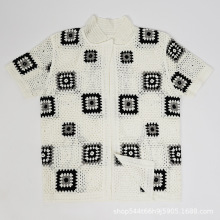 镂空针织衫春夏季新款翻领刺绣仿手钩编织气质上衣男女装加工批发