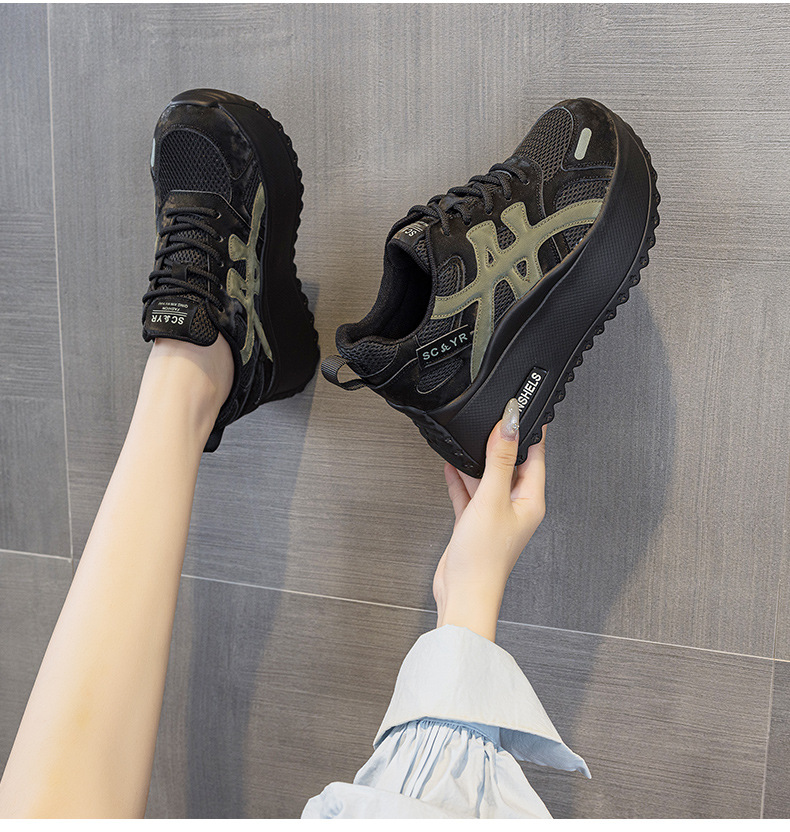 Giày sneaker nữ đế dày phong cách retro dành cho người dáng nhỏ, giày dad hot trend thu 2026, tăng chiều cao — M2933-1 màu xám đính kim cương, M2933 màu đen, M2933 màu nâu, M2933-1 màu đen đính kim cương chi tiết 40