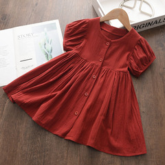 Summer New Girls' Dress for Young Children, Simple and Elegant Cotton Linen Puff Sleeve Princess Dress, Drop Ship One Piece