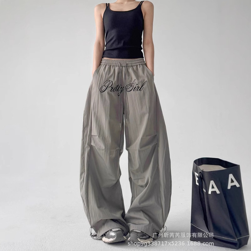 2025 Summer American Letter Embroidery Pleated Paratrooper Cargo Pants Women's Design Loose Wide Leg Scimitar Trousers