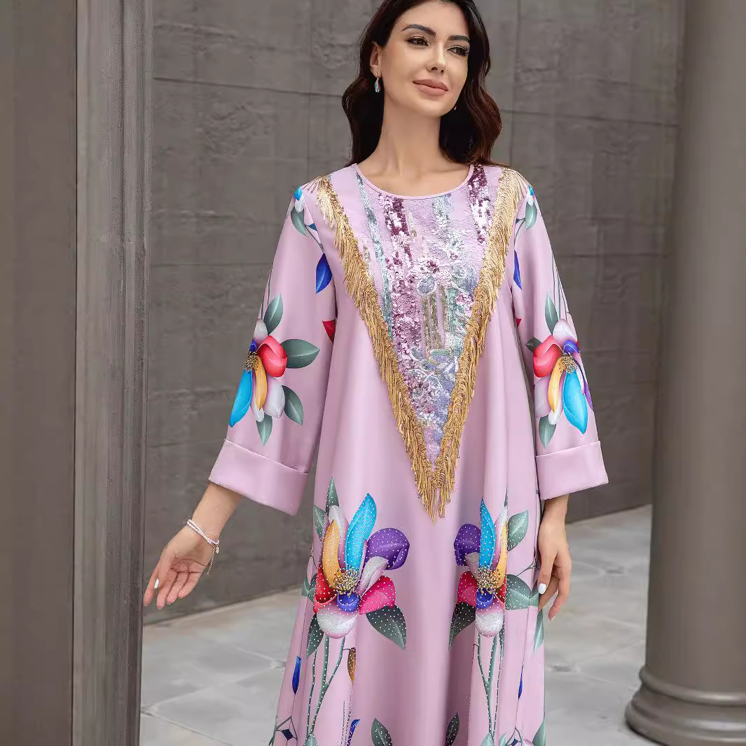 SW0831 New European and American Cross-Border Women's Clothing Appliqué Printed Robe Amazon Export Dress
