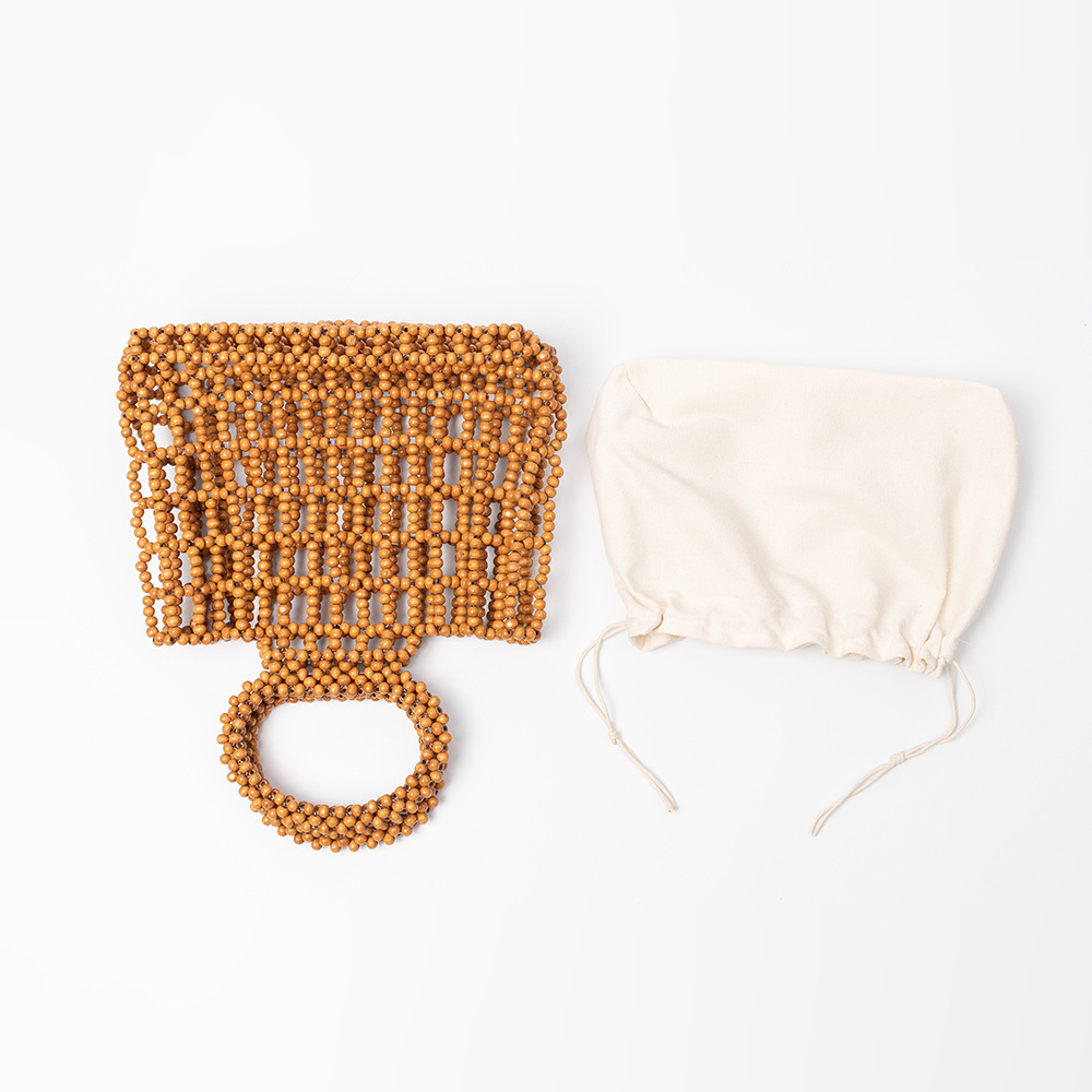OLEI New Wooden Bead Bag for Women Casual Travel Beaded Bag Solid Color Hollow Out Hand-Woven Vacation Handbag - Thumbnail 4