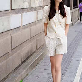 米白色镂空短袖洋气开衫外套两件套女装时尚休闲短裤运动套装夏季