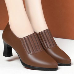 Women's High Heel Leather Shoes 2023 New Soft Leather Soft Sole Deep Mouth Single Shoes Match Skirts Mature Women's Shoes Spring and Autumn Mom Shoes