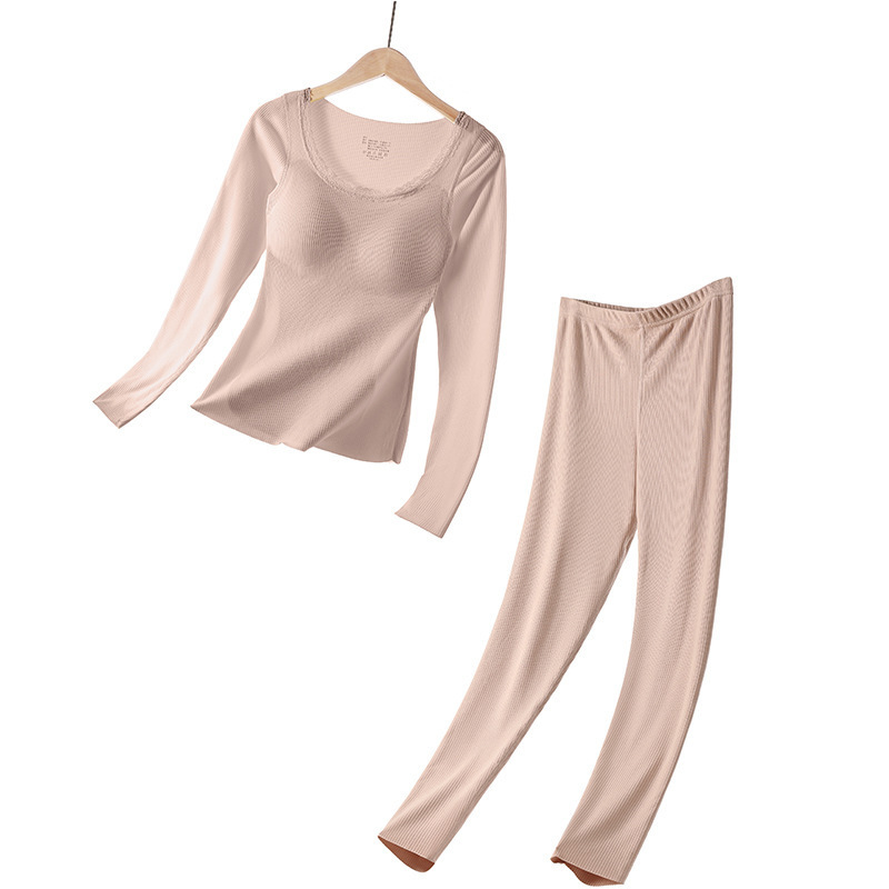 Finna Fuzhou Cordillera seda calentamiento conjunto de ropa interior de mujer con cojín de pecho de lana gruesa de otoño y invierno conjunto de top