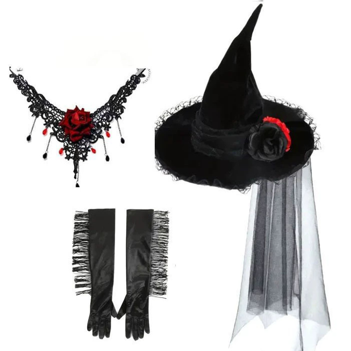 ハロウィン魔女帽子ゴシックスタイルメッシュレース魔女帽子コスプレステージパフォーマンスローズネックレス|undefined