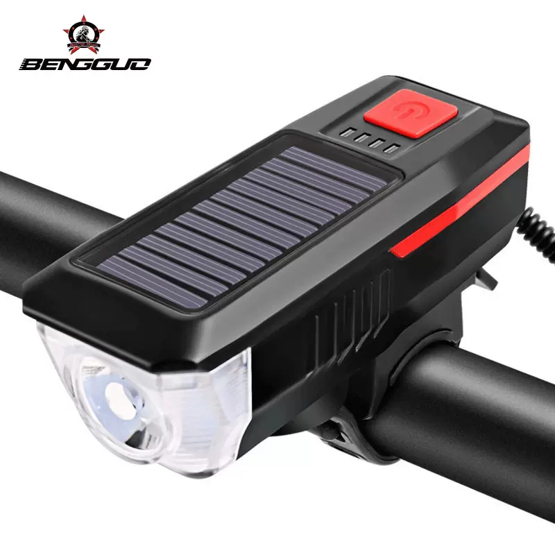 自行车灯前灯太阳能喇叭灯USB充电前灯单车强光手电骑行装备跨境