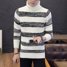 跨境秋冬男装长袖高领拼色条纹毛衣潮青少年韩版修身男士针织衫