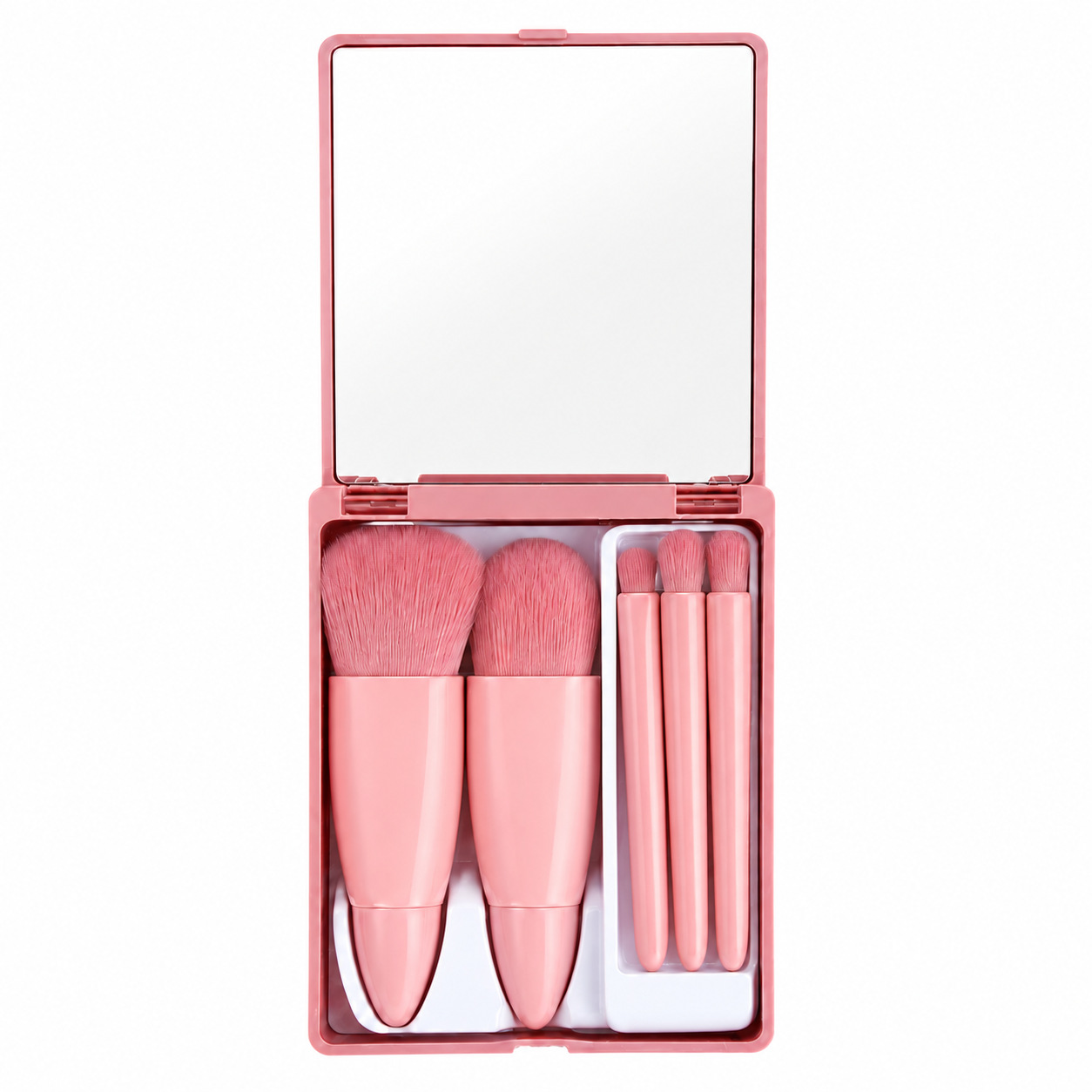 Juego de brochas de maquillaje en caja, portátil, juego de 5 piezas con espejo, brocha para base, brocha para labios, brocha para sombra de ojos, brocha para polvos sueltos, herramientas de belleza