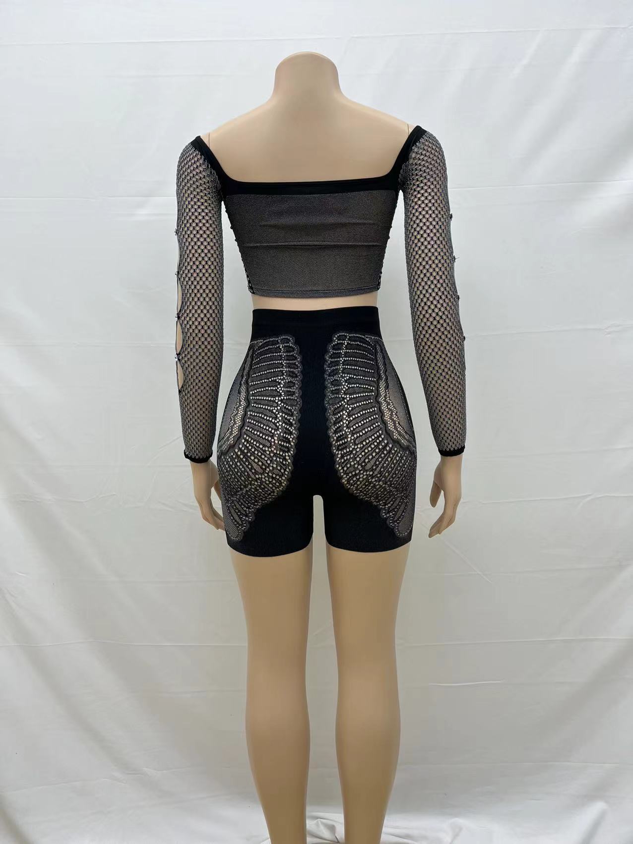 Women Solid Color Off Shoulder Long Sleeves Cropped Top High Cut Slim Shorts One Piece Knitting Suit