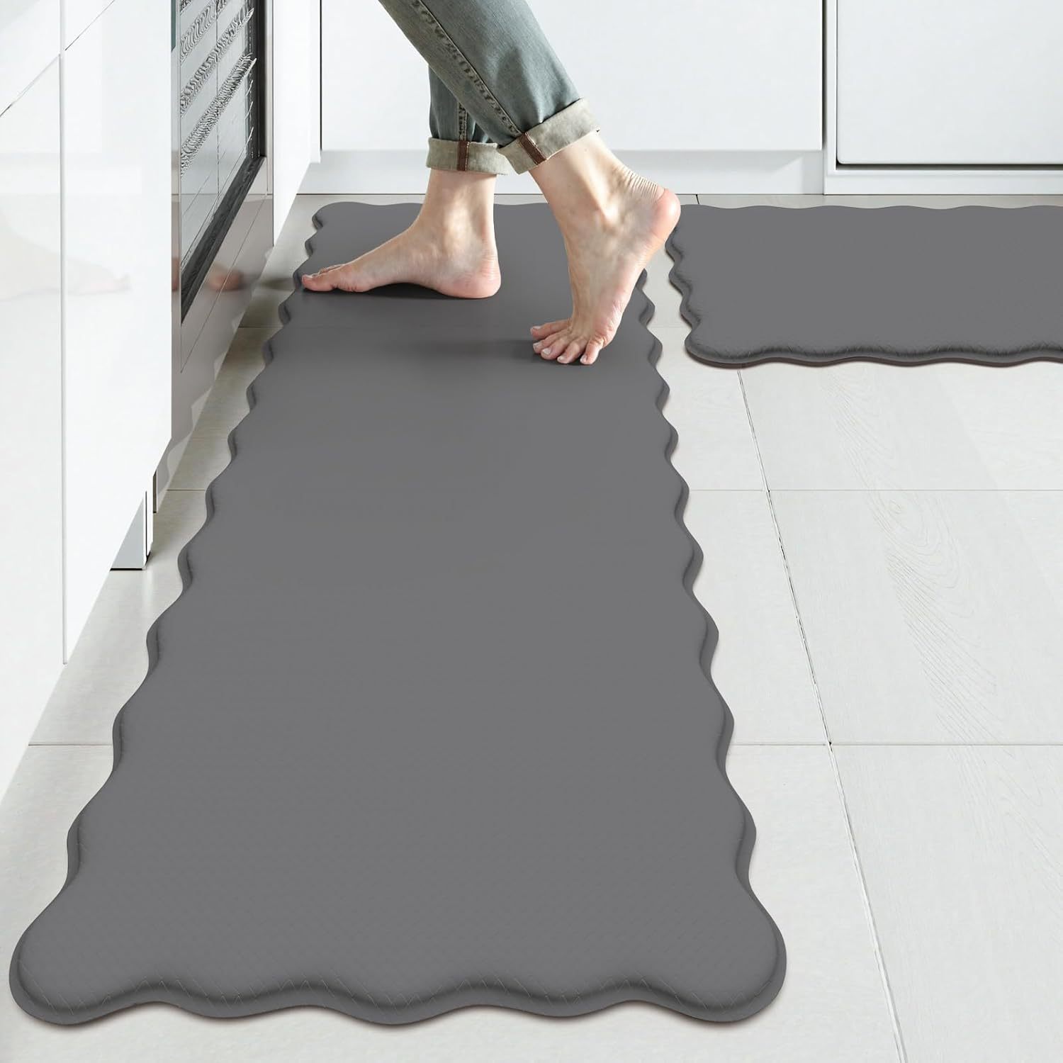 Kitchen Oil-Absorbing, Water-Absorbing, Anti-Fatigue Floor Mats, Bathroom Non-Slip Mats, Solid Color Wavy Edge Door Mats, Bathroom Foot Mats Wholesale