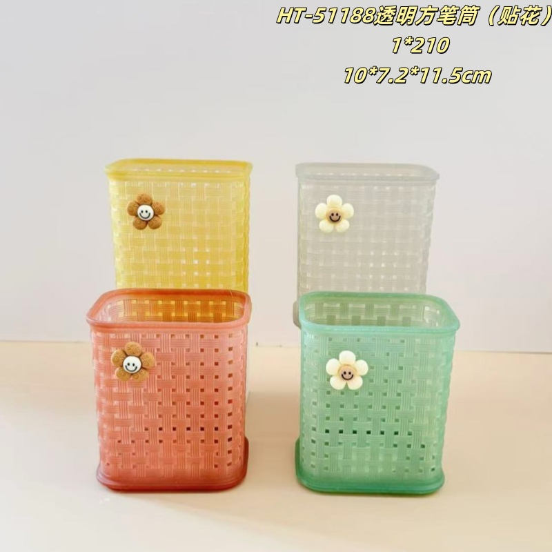 Mayorista oficina barril bolígrafo transparente cuadrado redondo bolígrafo casero cepillo de maquillaje canasta de almacenamiento bolígrafo de plástico