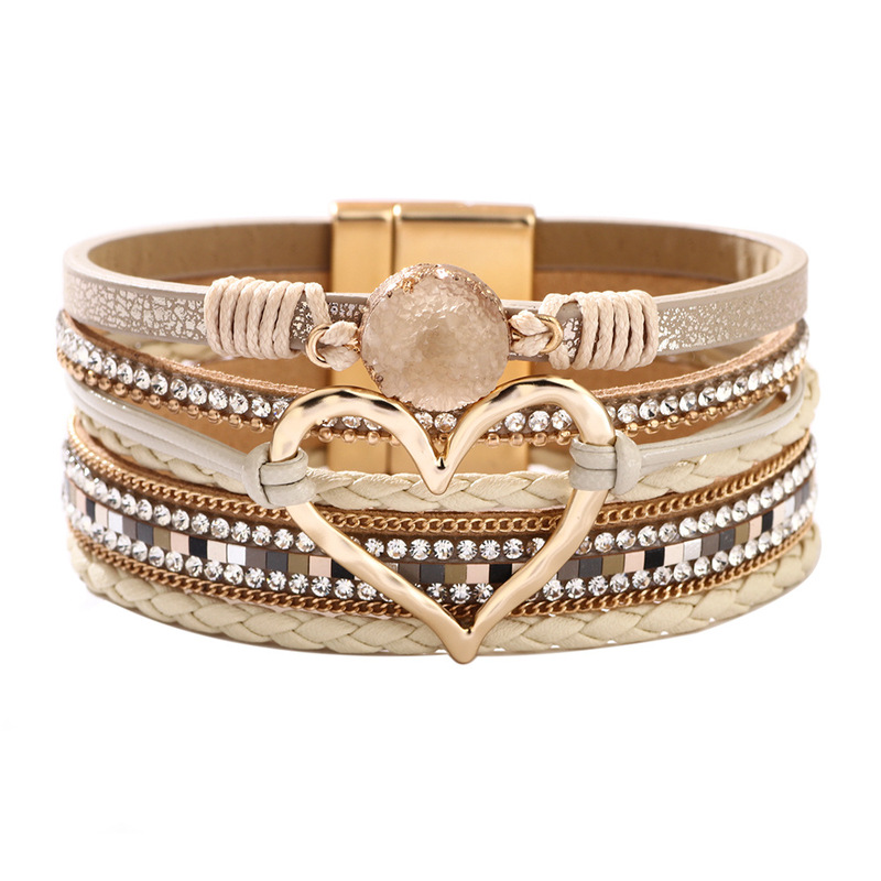 European and American Fashion New Style Bracelet Female Bohemian Love Rhinestone Magnetic Bracelet PU Artificial Leather Soft Bracelet