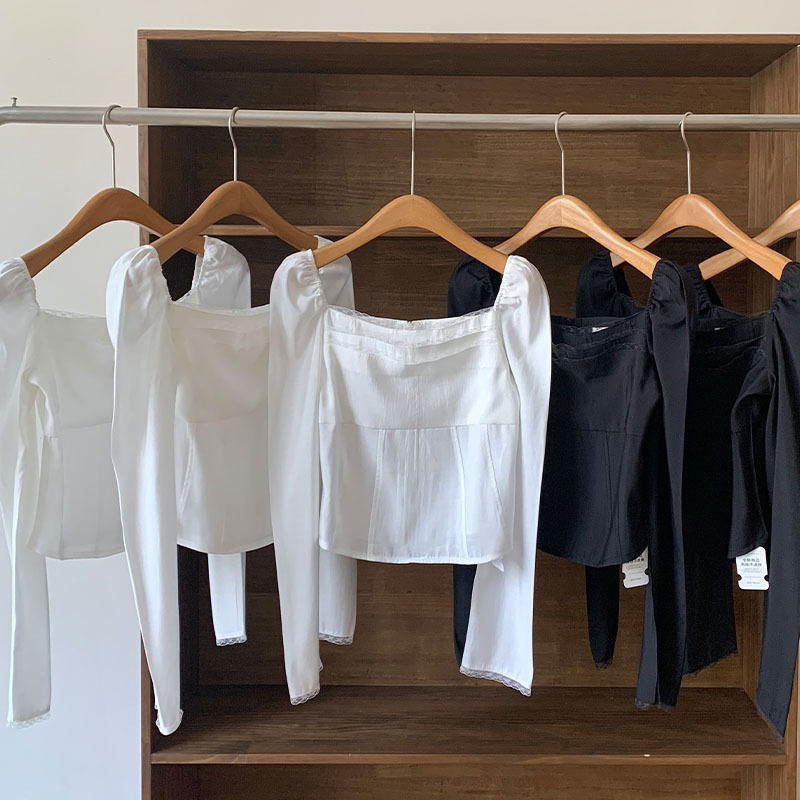 Now H Solid Color Square Collar Lace Trim Slim Fit Waist-Cinching Casual Shirt for Women 2025 Autumn Slimming Long-Sleeve Top