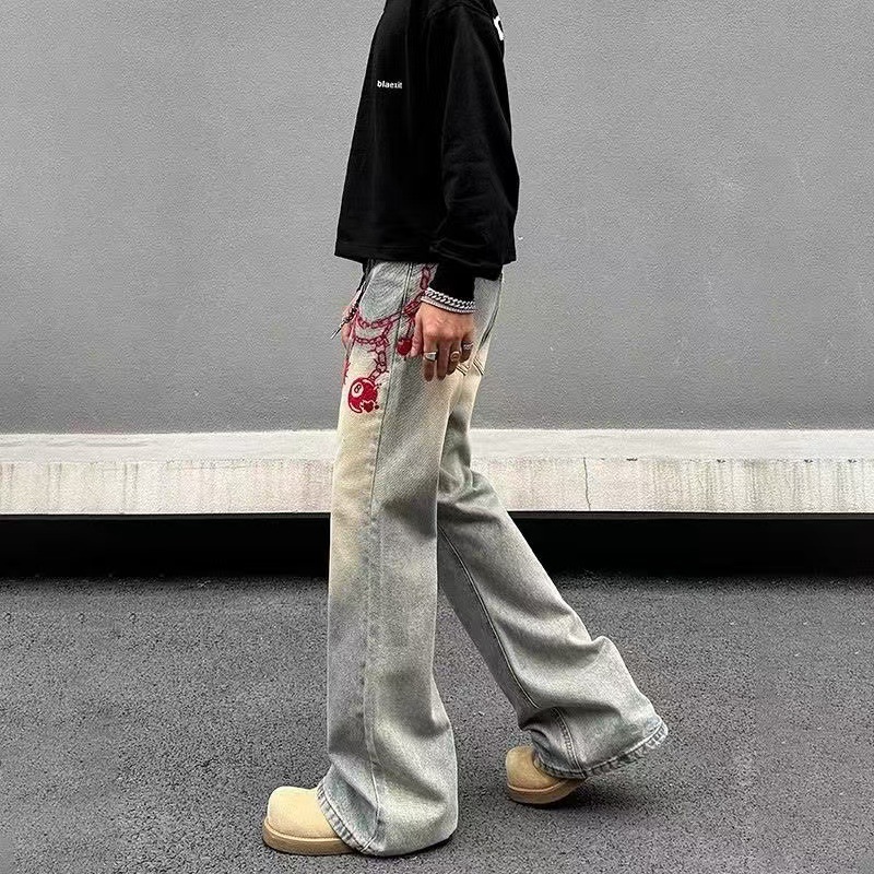 Men's Distressed Washed Yellow Mud Denim Jeans Straight Leg Bootcut_voghion.com