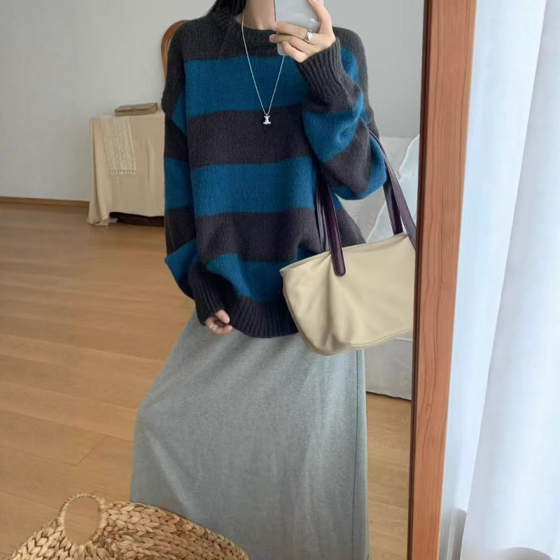 蓝色条纹毛衣女秋冬加厚内搭套头高级感软糯浣熊绒针织打底衫上衣|undefined