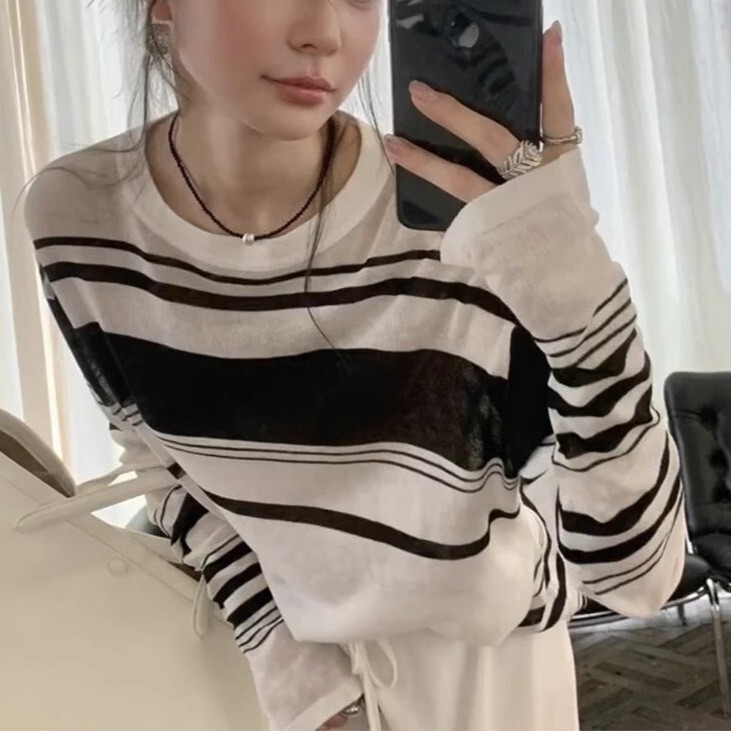 Black and White Striped Sheer Semi-Sheer Air Conditioning Long-Sleeve Top for Women, Autumn Camisole Outerwear with Sun Protection Knit Sweater