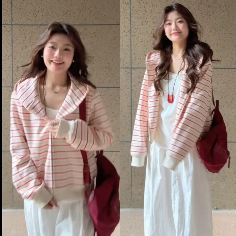 Korean Style Super Nice Early Autumn Striped Versatile Lazy Style Jacket for Women 2025 New Autumn Hooded Cardigan Sweatshirt for Women Korean Style Super Nice Early Autumn Striped Versatile Lazy Style Jacket for Women 2025 New Autumn Hooded Cardigan Sweatshirt for Women