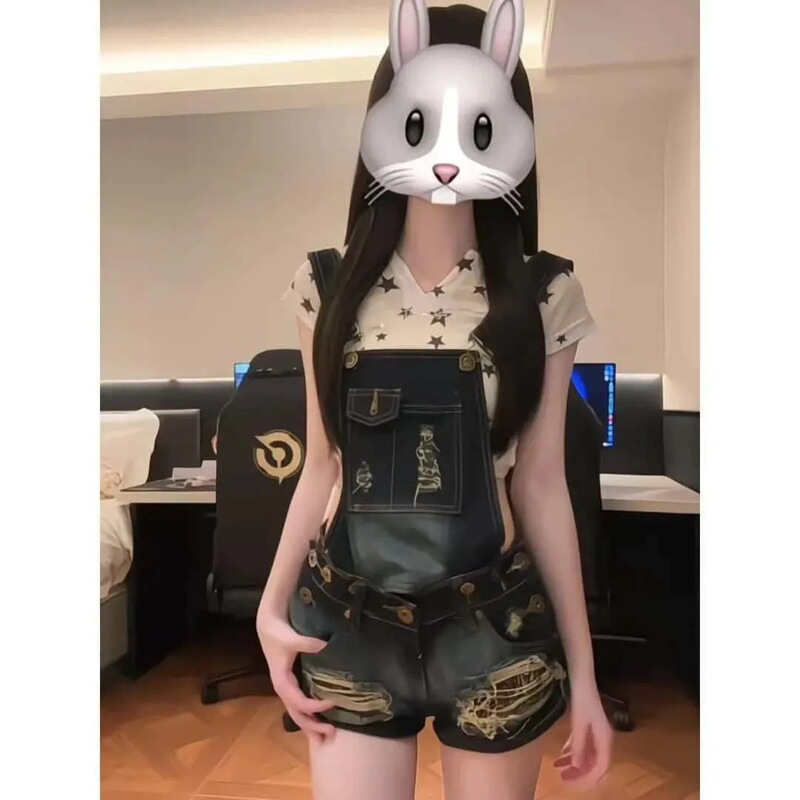 Vintage Blue Ripped Two-Way Denim Overalls Shorts for Women Summer Loose Slimming Versatile Hot Pants