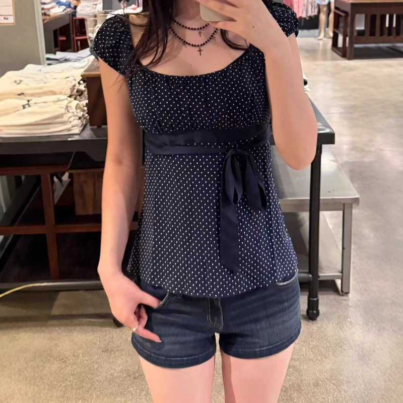 Little Seagull's New Summer Style Bm Pure Desire Style Sweet Polka Dot Short-Sleeved Slim-Fitting Bow-Tie Waist-Cinching T-Shirt Little Seagull's New Summer Style Bm Pure Desire Style Sweet Polka Dot Short-Sleeved Slim-Fitting Bow-Tie Waist-Cinching T-Shirt