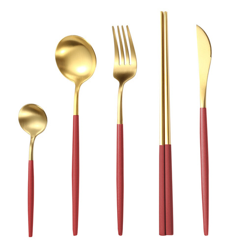 Round handle 304 stainless steel Portuguese tableware set cross-border home hotel Western steak knife, fork and spoon four-piece set