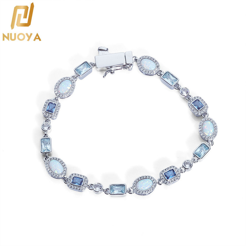 European and American Cross-Border 6mm Snap Buckle Blue Zircon Jewelry Chain Opal Bracelet Hip-Hop Trendy Jewelry Accessories Customization
