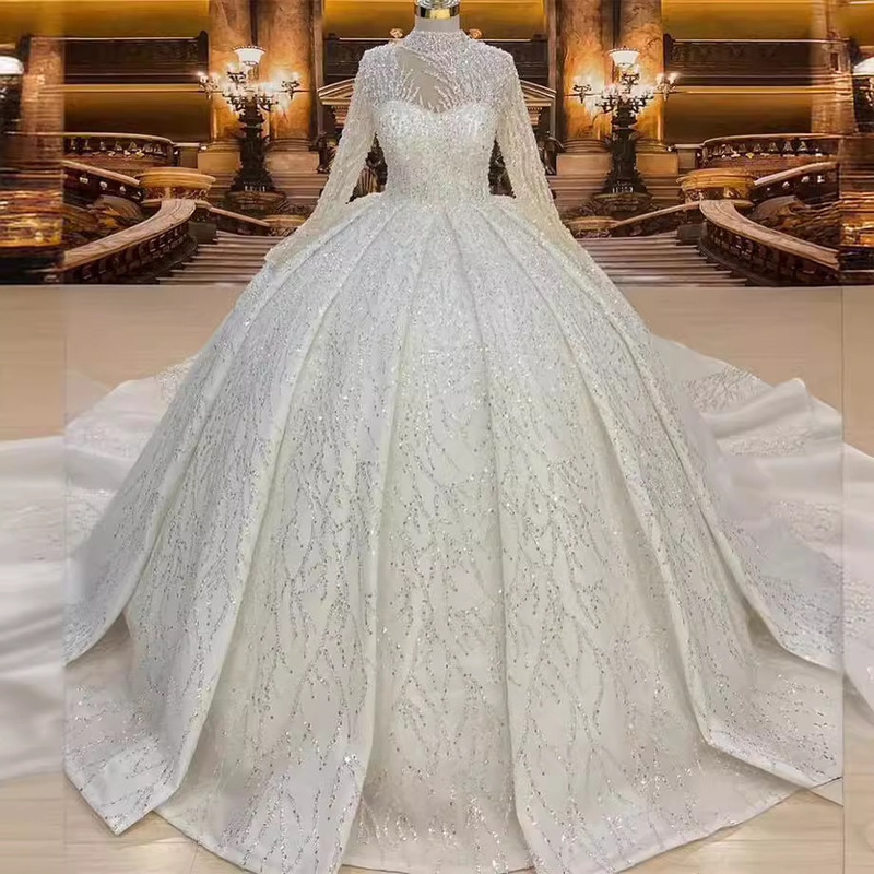 New Wedding Dress Heavy Industry Embroidered Beaded Lace Elegant Long-Sleeved Fluffy Princess Dress Trailing Wedding Dress Stand Collar Long-Sleeved Wedding Dress
